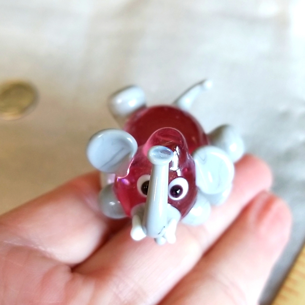 BLOWN GLASS ELEPHANT trunk up figurine PINK & GRAY